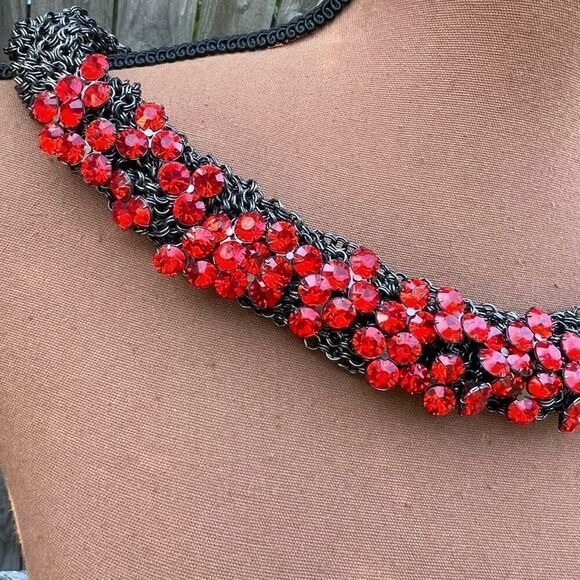 Vintage Braided Chainmail Necklace, Ruby Rhinestones, Heavy Weight Wide Collar - Picture 2 of 11